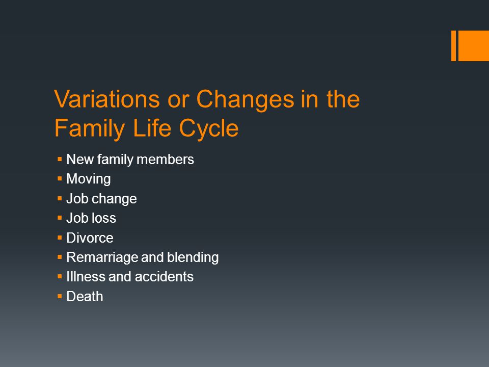 Variations or Changes in the Family Life Cycle  New family members  Moving  Job change  Job loss  Divorce  Remarriage and blending  Illness and accidents  Death