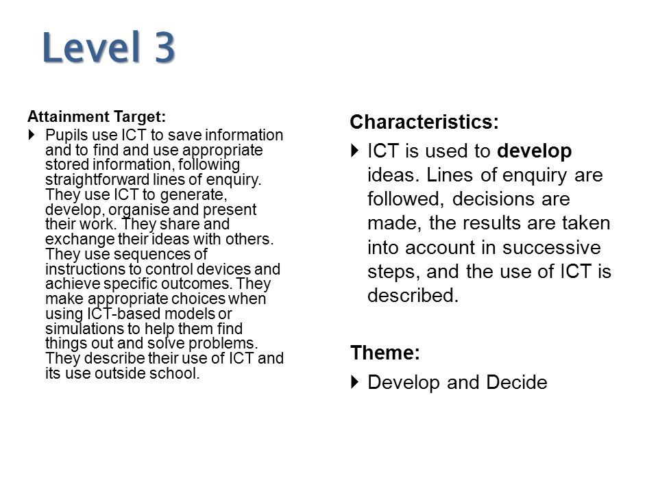 Level 3 Attainment Target:  Pupils use ICT to save information and to find and use appropriate stored information, following straightforward lines of enquiry.