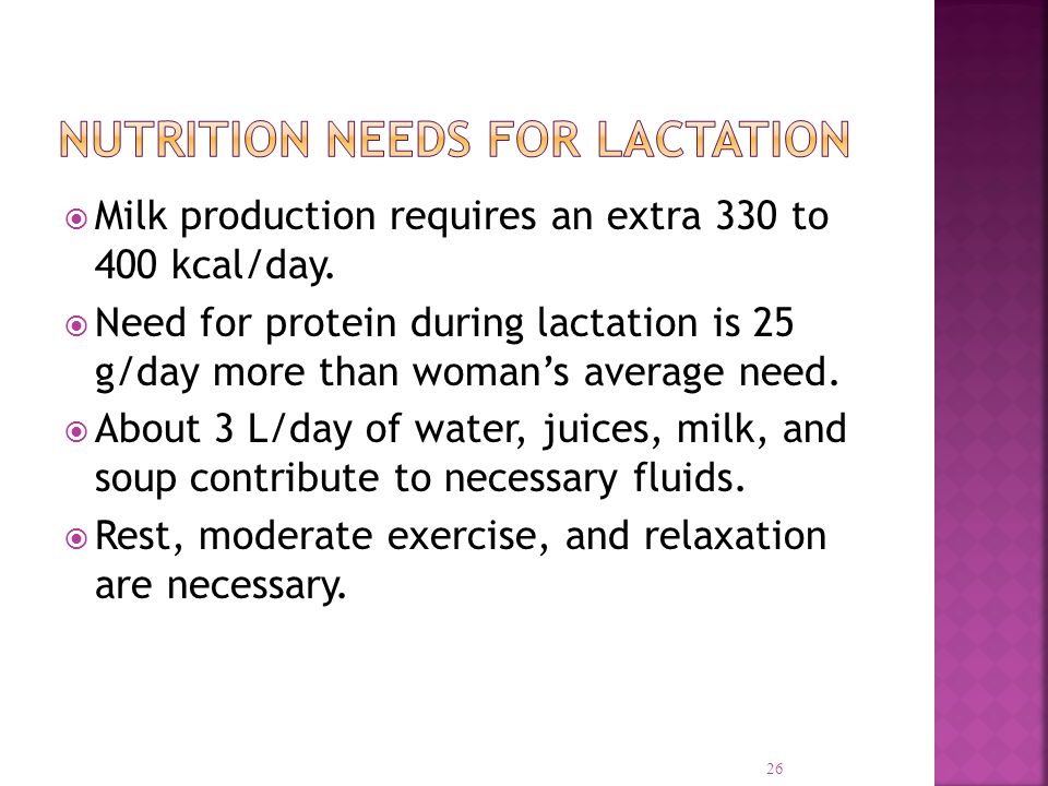  Milk production requires an extra 330 to 400 kcal/day.