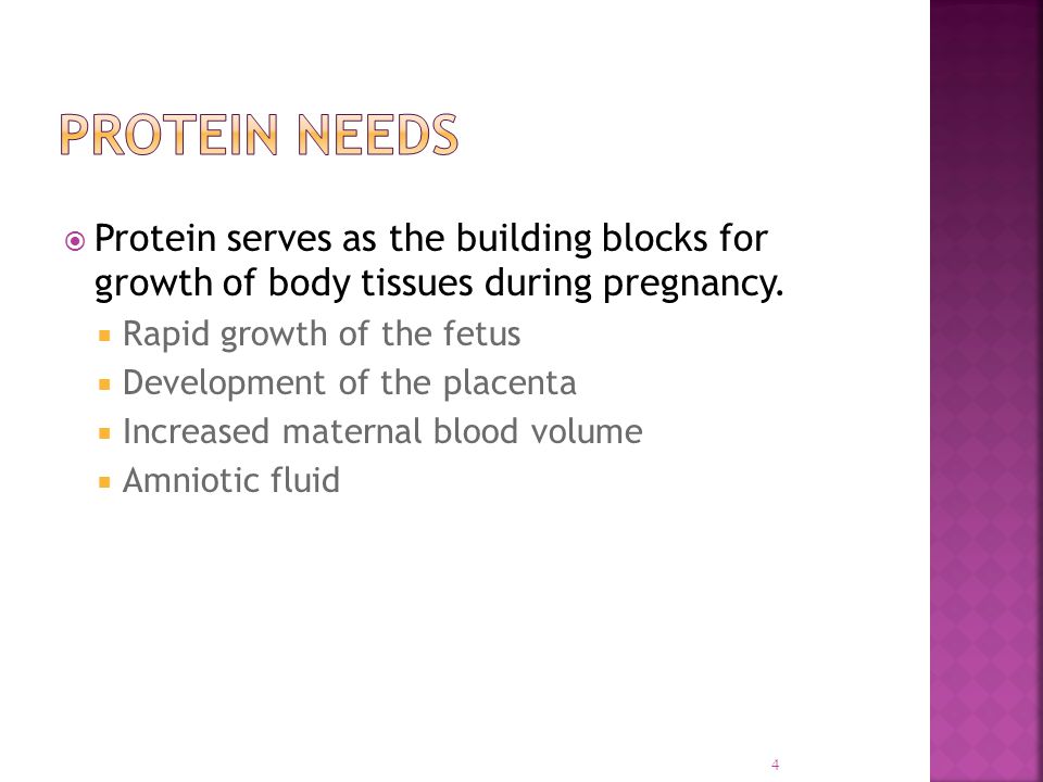  Protein serves as the building blocks for growth of body tissues during pregnancy.