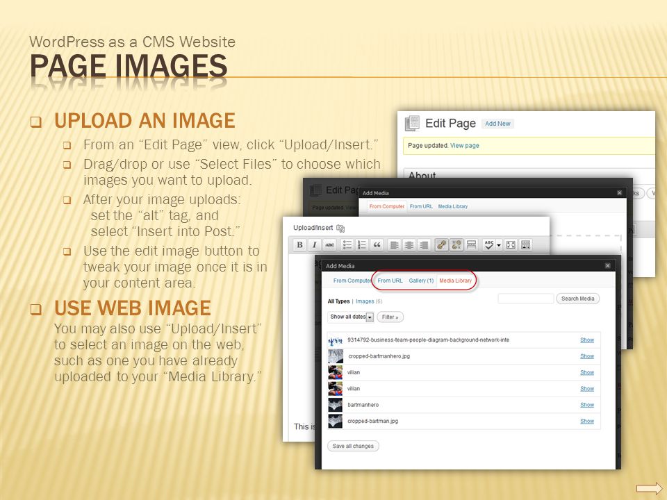 WordPress as a CMS Website  UPLOAD AN IMAGE  From an Edit Page view, click Upload/Insert.  Drag/drop or use Select Files to choose which images you want to upload.