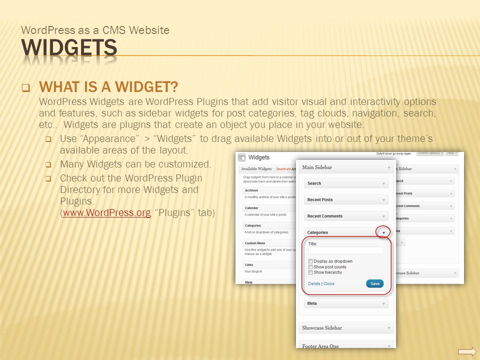 WordPress as a CMS Website  WHAT IS A WIDGET.