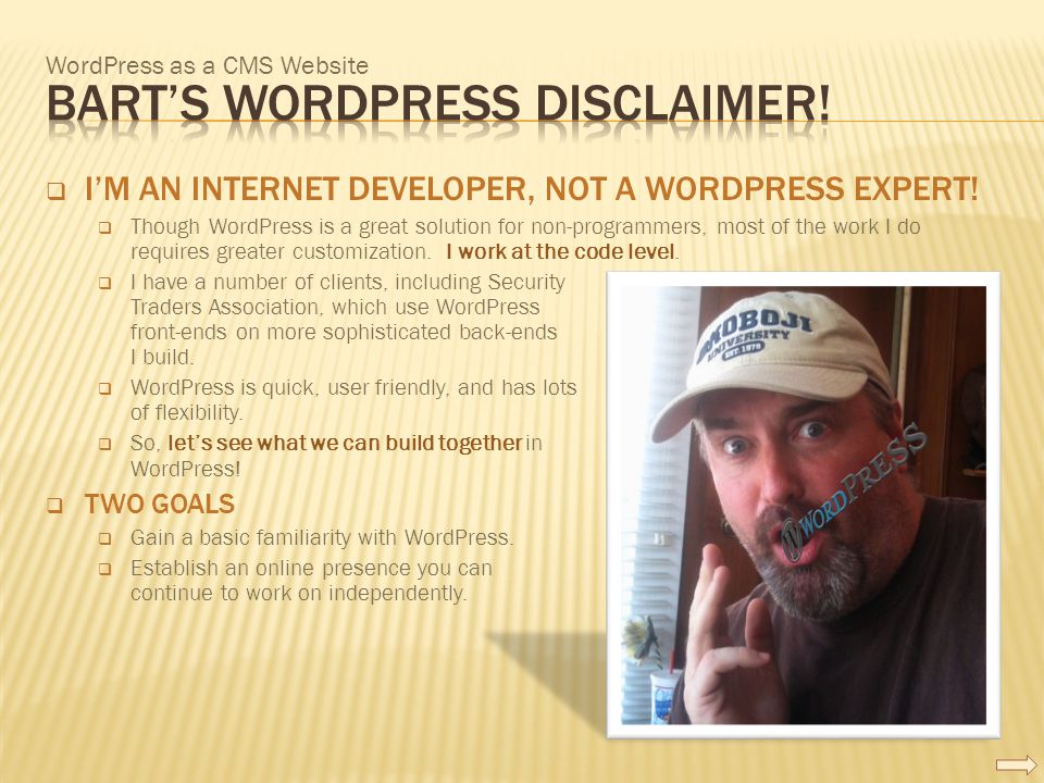 WordPress as a CMS Website  I’M AN INTERNET DEVELOPER, NOT A WORDPRESS EXPERT.