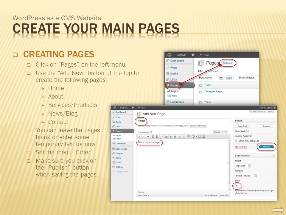 WordPress as a CMS Website  CREATING PAGES  Click on Pages on the left menu.