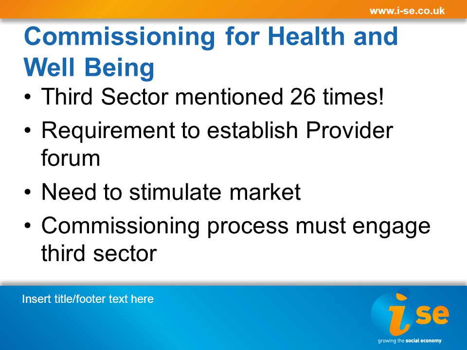 Insert title/footer text here   Commissioning for Health and Well Being Third Sector mentioned 26 times.