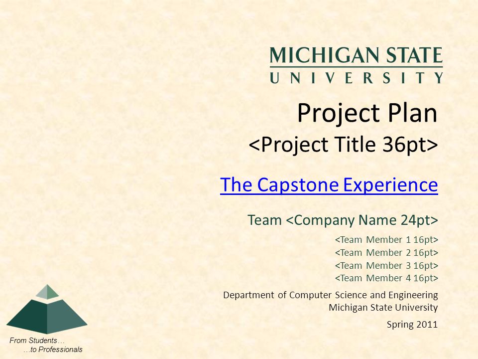 From Students… …to Professionals The Capstone Experience Project Plan Team Department of Computer Science and Engineering Michigan State University Spring 2011