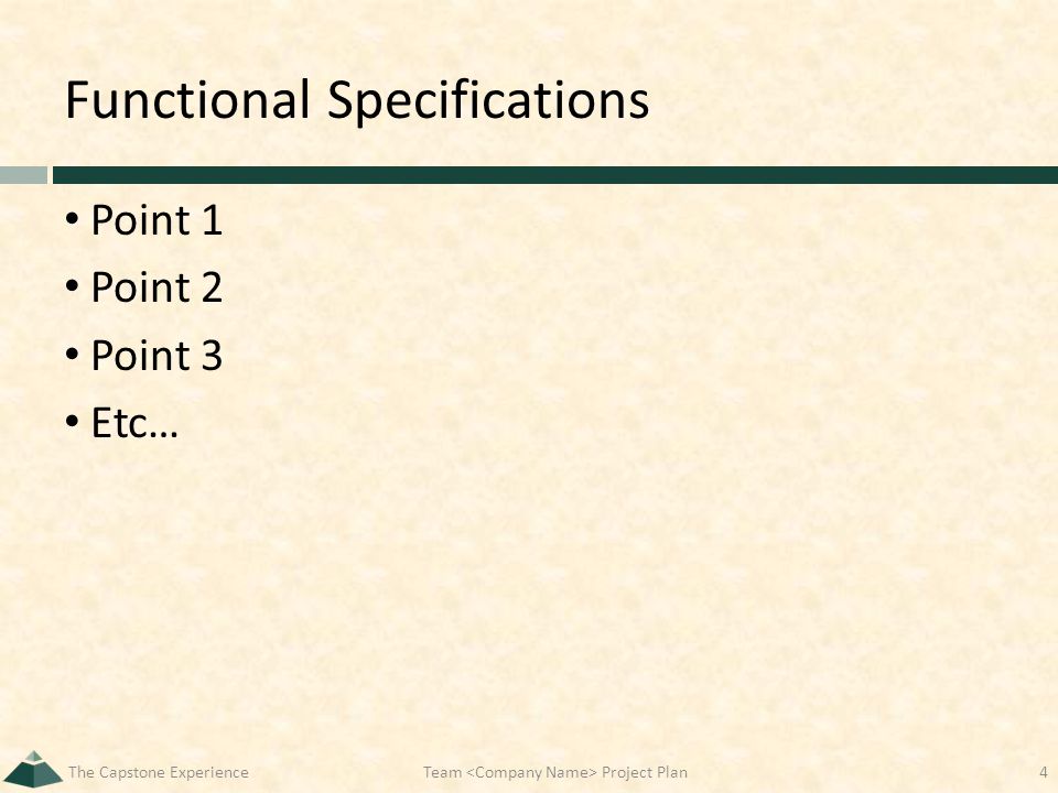 Functional Specifications Point 1 Point 2 Point 3 Etc… The Capstone ExperienceTeam Project Plan4