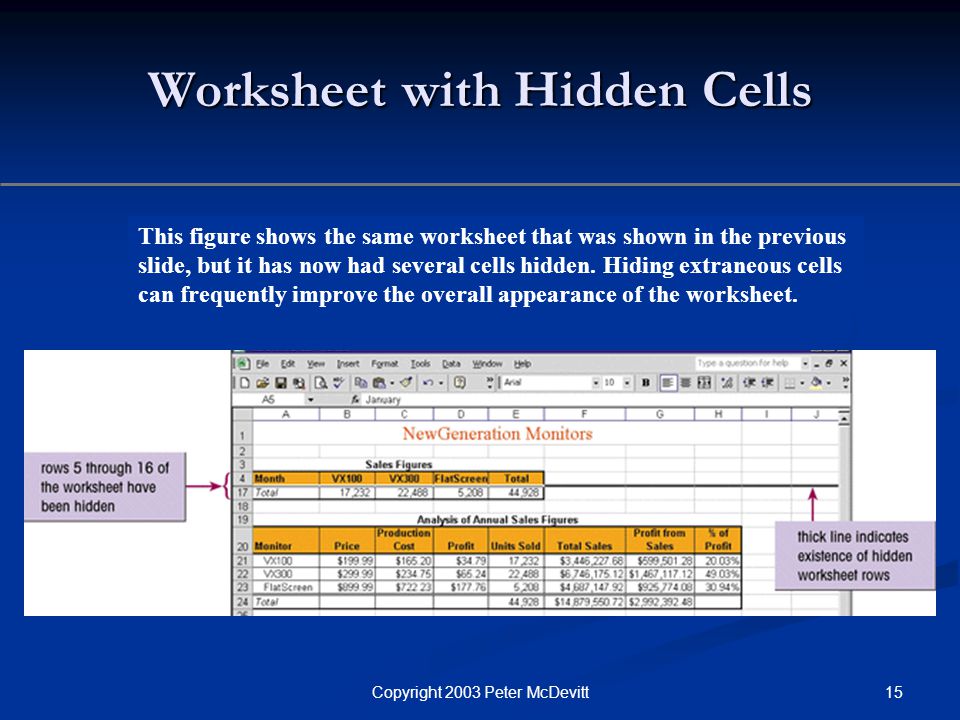 15Copyright 2003 Peter McDevitt Worksheet with Hidden Cells This figure shows the same worksheet that was shown in the previous slide, but it has now had several cells hidden.