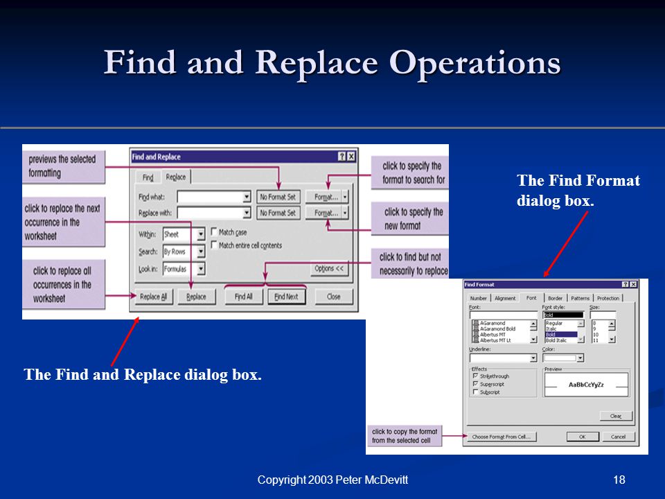 18Copyright 2003 Peter McDevitt Find and Replace Operations The Find and Replace dialog box.