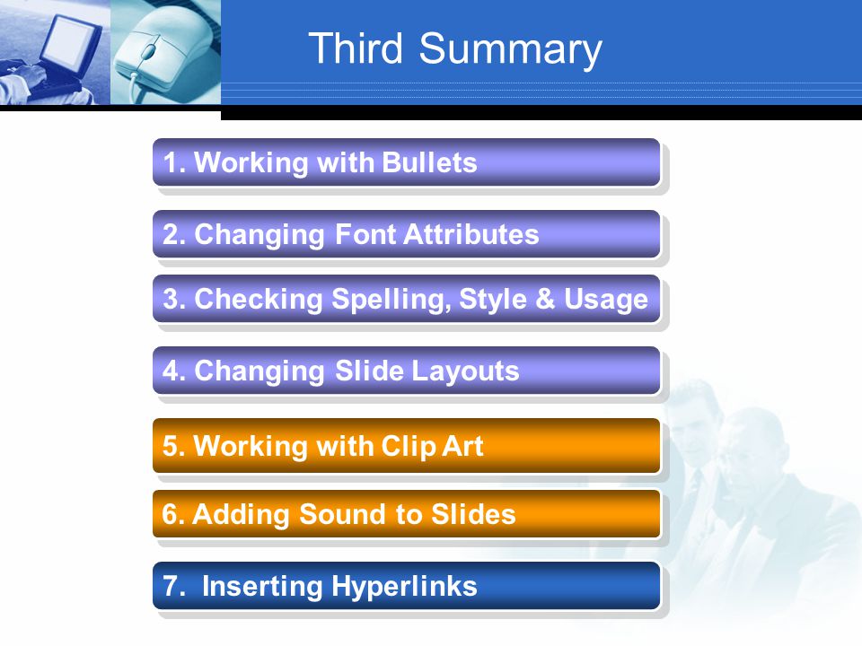 Third Summary 7. Inserting Hyperlinks 6. Adding Sound to Slides 3.