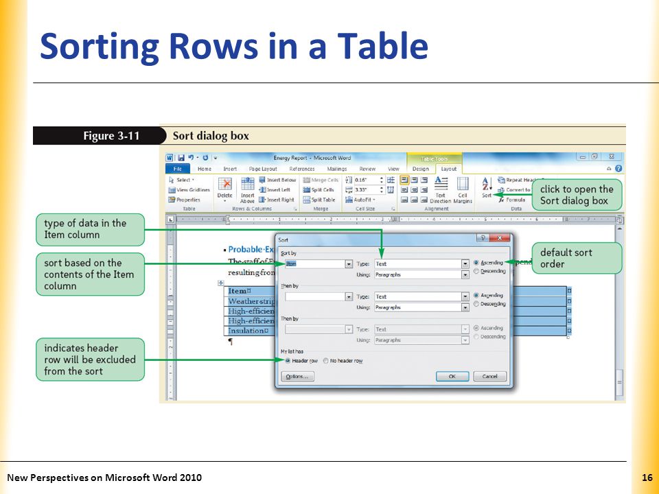 XP Sorting Rows in a Table New Perspectives on Microsoft Word