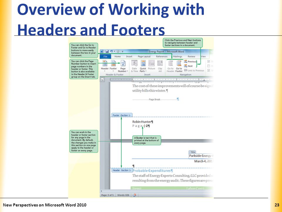 XP Overview of Working with Headers and Footers New Perspectives on Microsoft Word