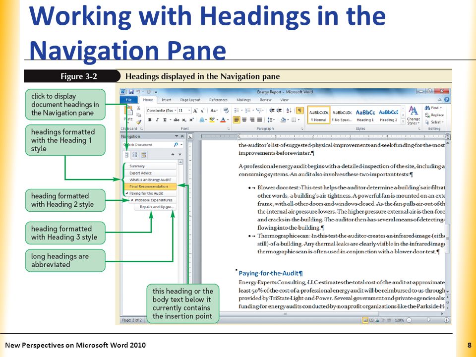 XP Working with Headings in the Navigation Pane New Perspectives on Microsoft Word 20108