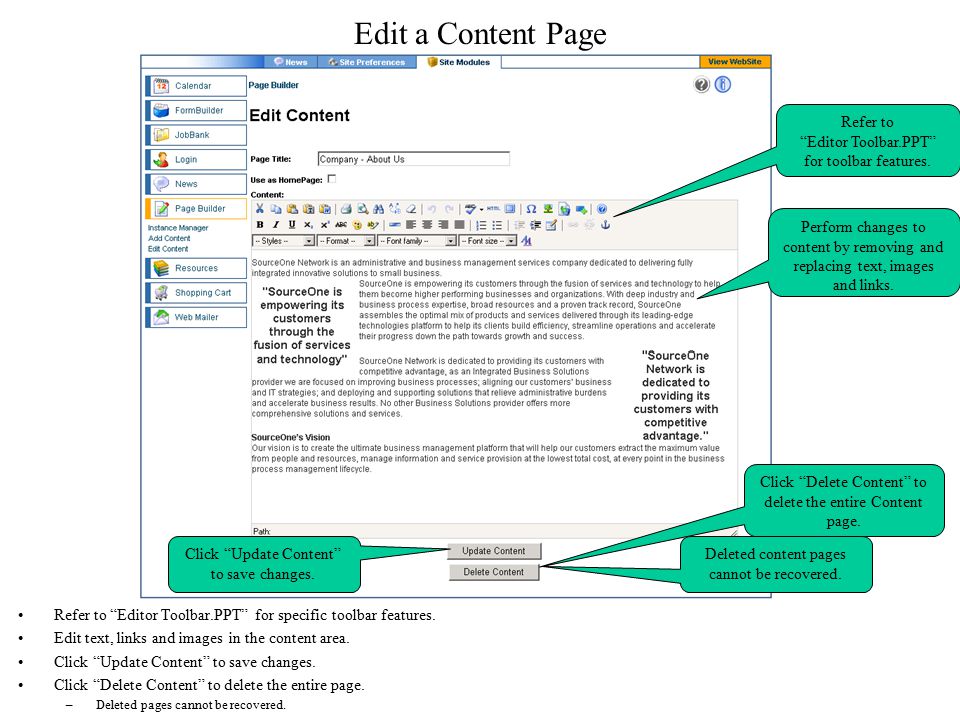 Edit a Content Page Refer to Editor Toolbar.PPT for specific toolbar features.