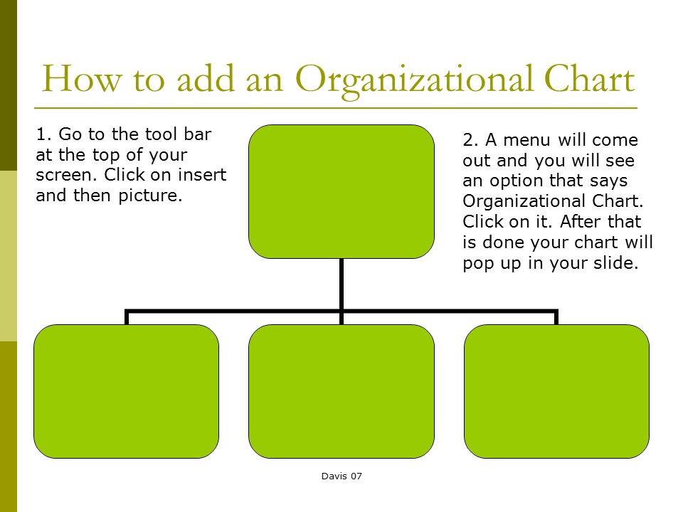 Davis 07 How to add an Organizational Chart 1. Go to the tool bar at the top of your screen.