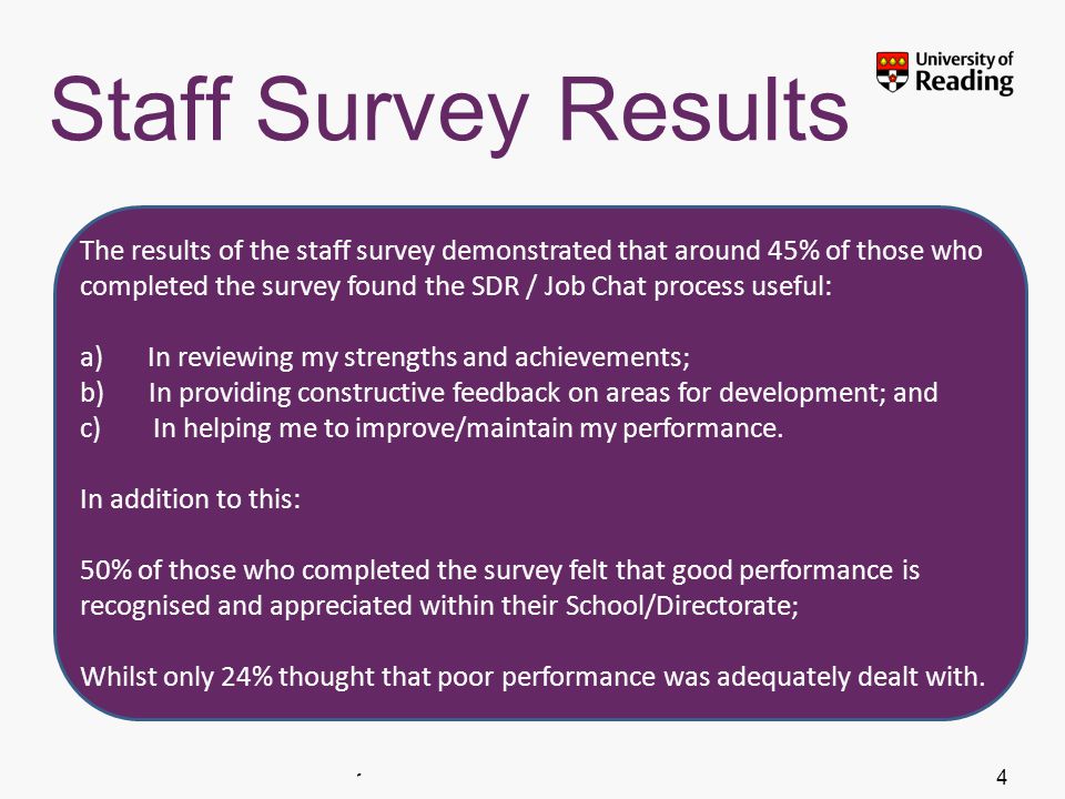 Insert footer on Slide Master4 Staff Survey Results The results of the staff survey demonstrated that around 45% of those who completed the survey found the SDR / Job Chat process useful: a) In reviewing my strengths and achievements; b) In providing constructive feedback on areas for development; and c) In helping me to improve/maintain my performance.
