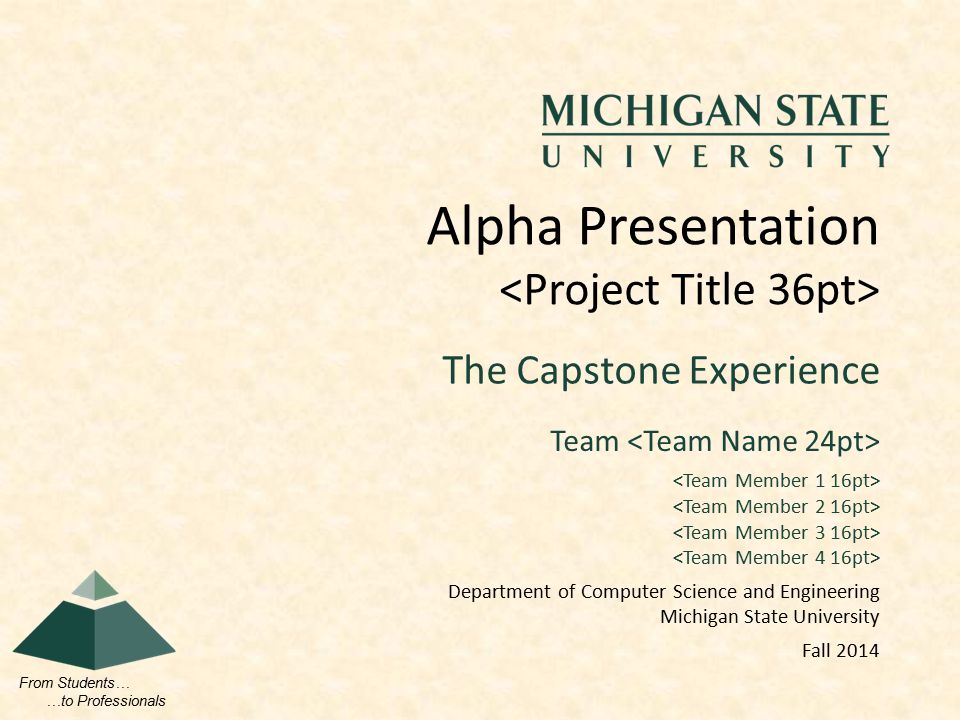 From Students… …to Professionals The Capstone Experience Alpha Presentation Team Department of Computer Science and Engineering Michigan State University Fall 2014