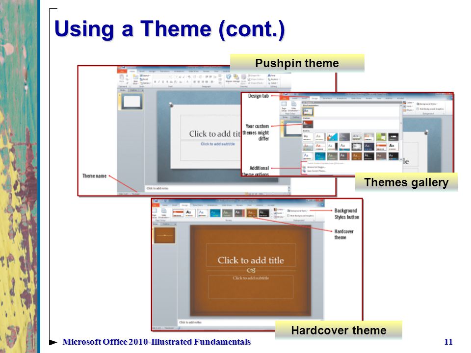Using a Theme (cont.) 11Microsoft Office 2010-Illustrated Fundamentals Hardcover theme Themes gallery Pushpin theme