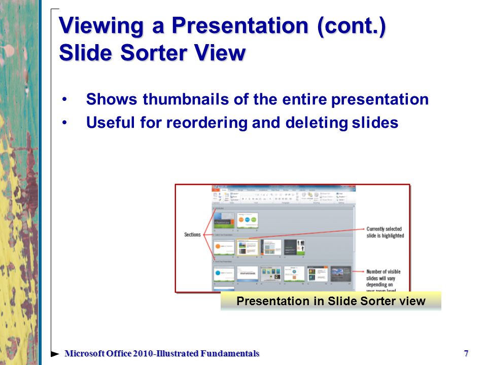 Viewing a Presentation (cont.) Slide Sorter View Shows thumbnails of the entire presentation Useful for reordering and deleting slides 7Microsoft Office 2010-Illustrated Fundamentals Presentation in Slide Sorter view
