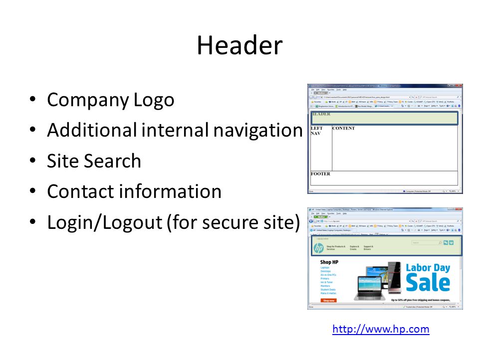 Header Company Logo Additional internal navigation Site Search Contact information Login/Logout (for secure site)