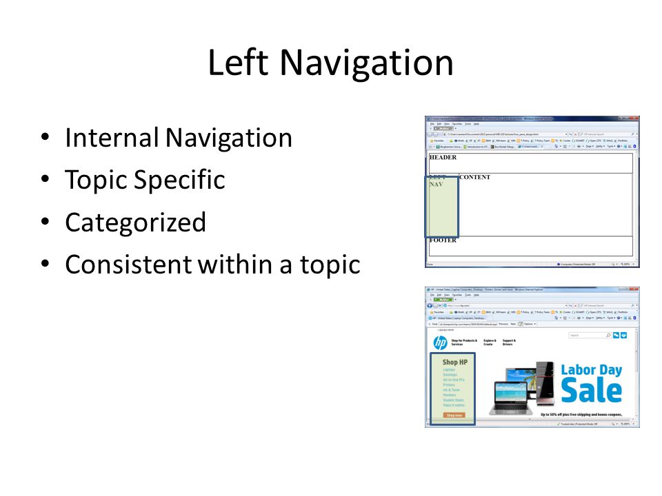 Left Navigation Internal Navigation Topic Specific Categorized Consistent within a topic