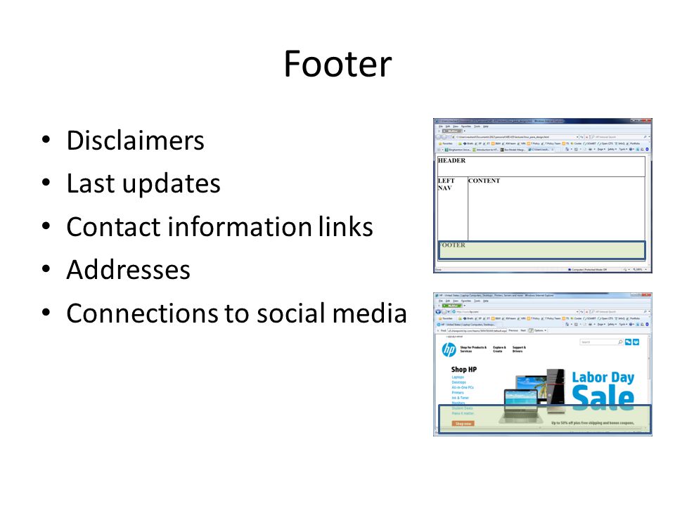 Footer Disclaimers Last updates Contact information links Addresses Connections to social media