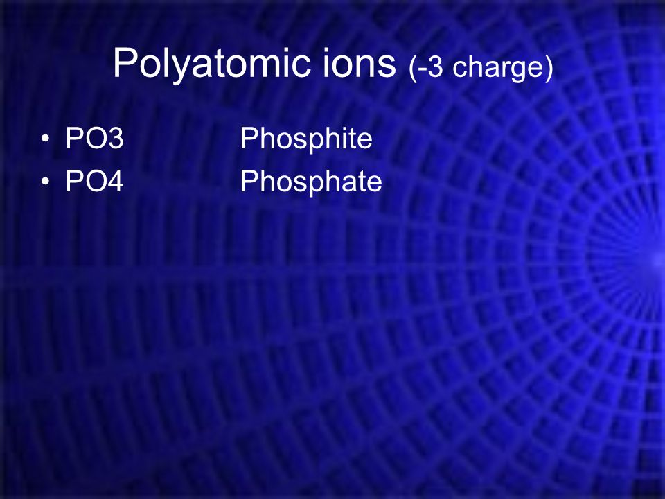 Polyatomic ions (-3 charge) PO3Phosphite PO4Phosphate