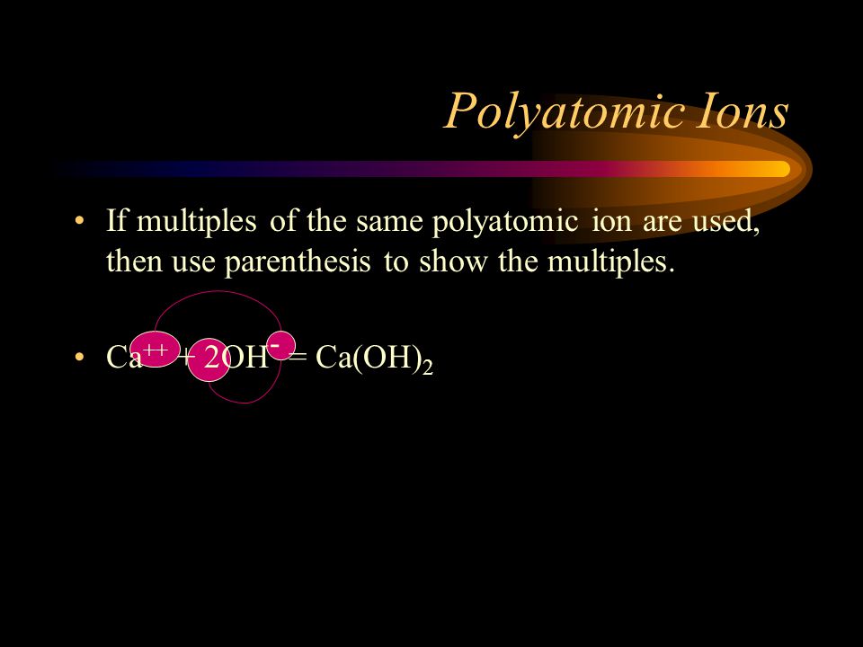 Polyatomic Ion Compounds Cation always goes first followed by anion.