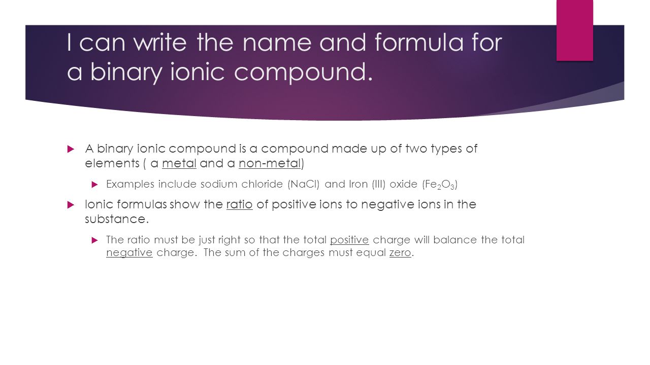 I can write the name and formula for a binary ionic compound.