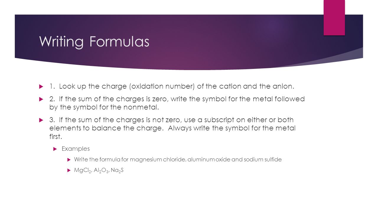Writing Formulas  1. Look up the charge (oxidation number) of the cation and the anion.
