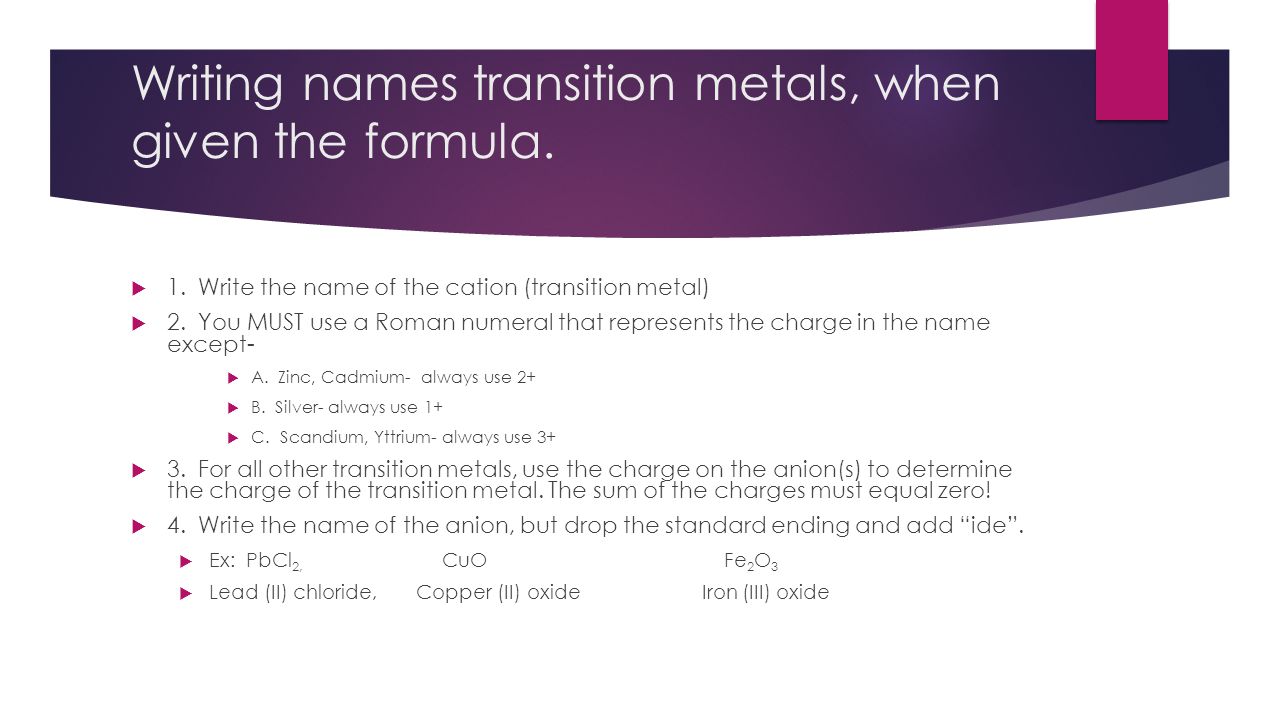 Writing names transition metals, when given the formula.