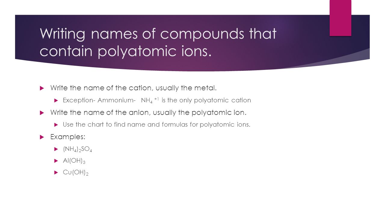 Writing names of compounds that contain polyatomic ions.