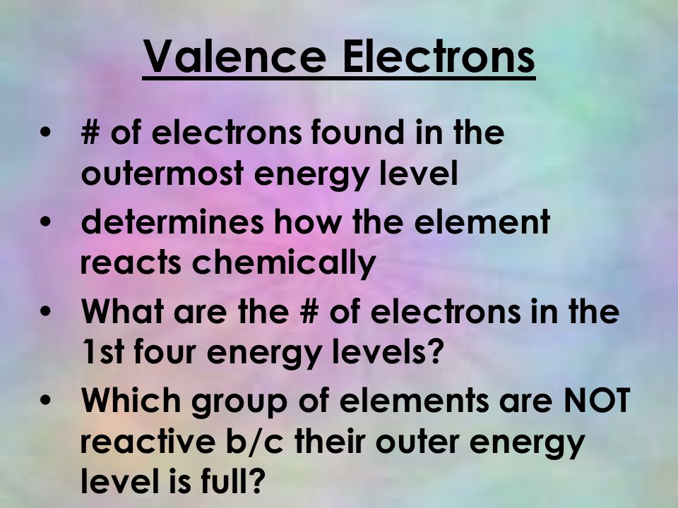 Valence Electrons # of electrons found in the outermost energy level determines how the element reacts chemically What are the # of electrons in the 1st four energy levels.