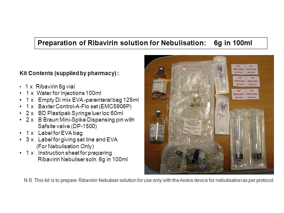 Preparation of Ribavirin solution for Nebulisation: 6g in 100ml The  following guidelines for the safe reconstitution (in the patients room) of  ribavirin. - ppt download