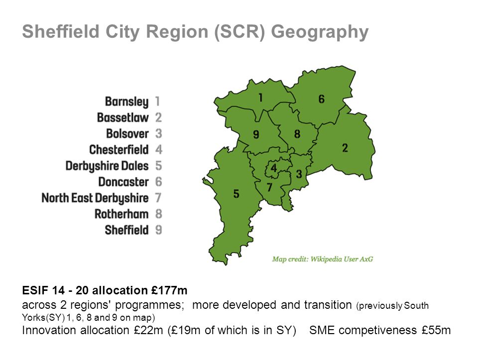Sheffield City Region (SCR) Geography ESIF allocation £177m across 2 regions programmes; more developed and transition (previously South Yorks(SY) 1, 6, 8 and 9 on map) Innovation allocation £22m (£19m of which is in SY) SME competiveness £55m