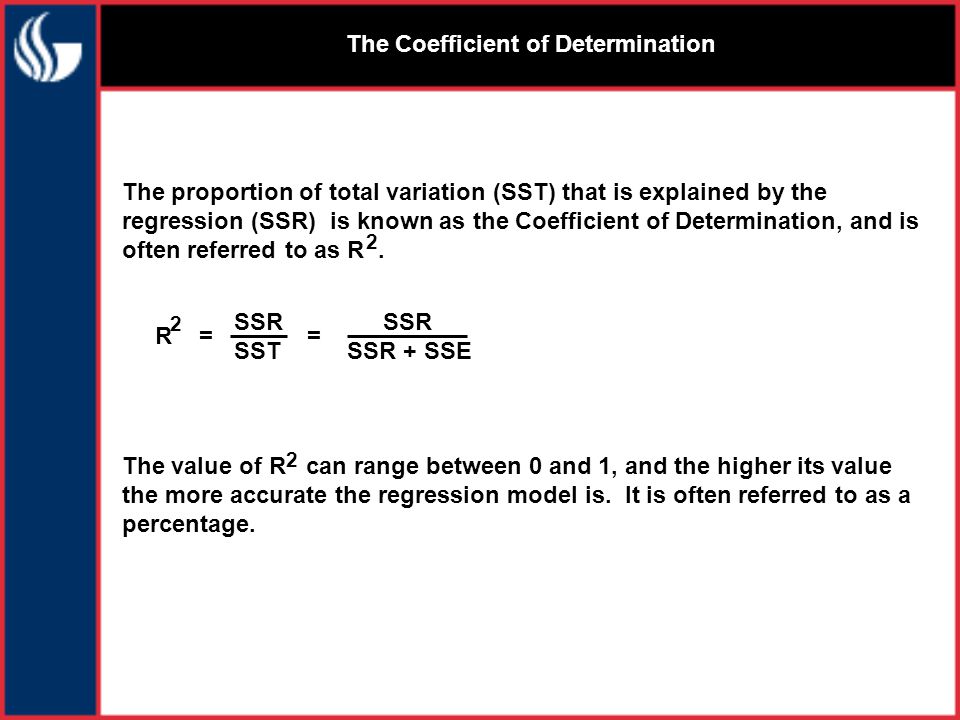 The Coefficient of Determination The proportion of total variation (SST) that is explained by the regression (SSR) is known as the Coefficient of Determination, and is often referred to as R.
