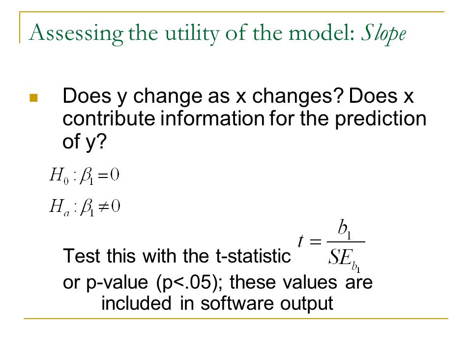 Assessing the utility of the model: Slope Does y change as x changes.