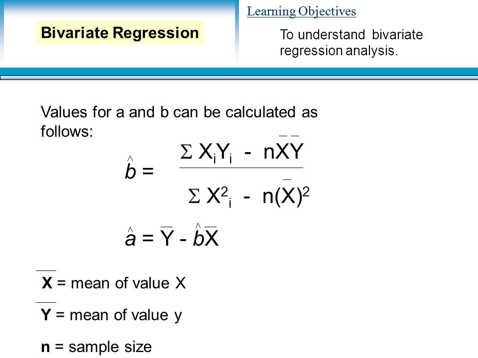Learning Objectives Values for a and b can be calculated as follows: To understand bivariate regression analysis.