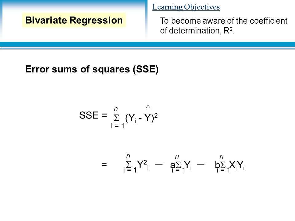 Learning Objectives Error sums of squares (SSE) To become aware of the coefficient of determination, R 2.