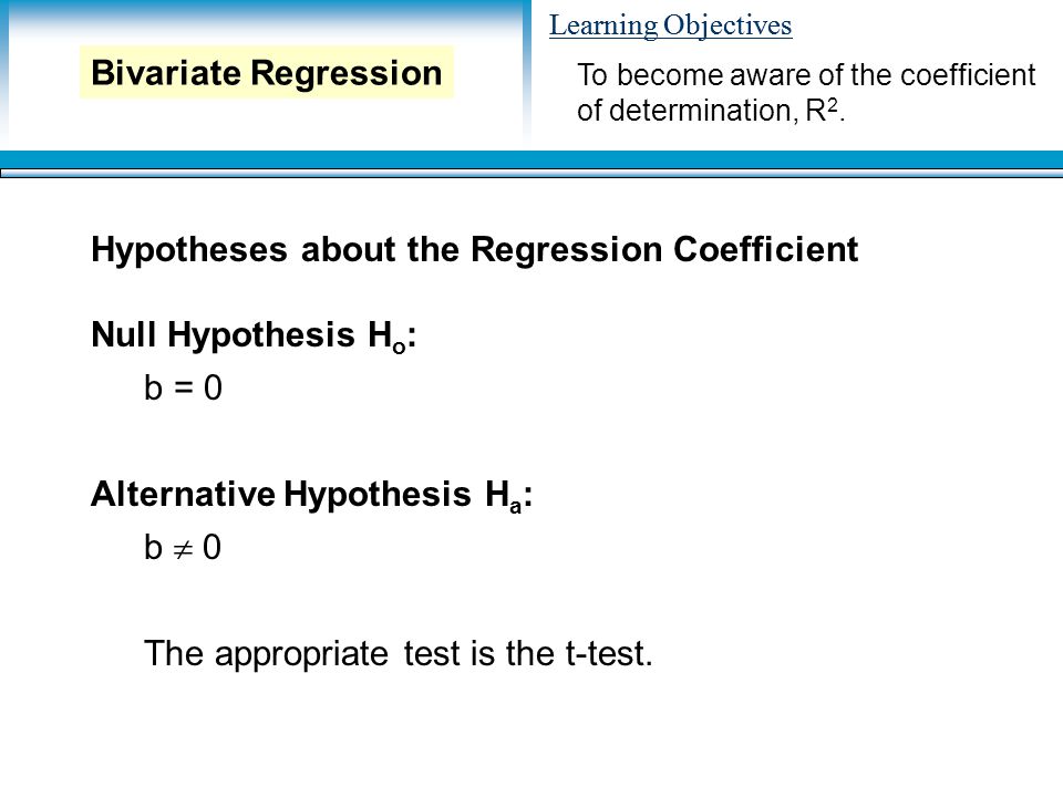 Learning Objectives Hypotheses about the Regression Coefficient Null Hypothesis H o : b = 0 Alternative Hypothesis H a : b  0 The appropriate test is the t-test.