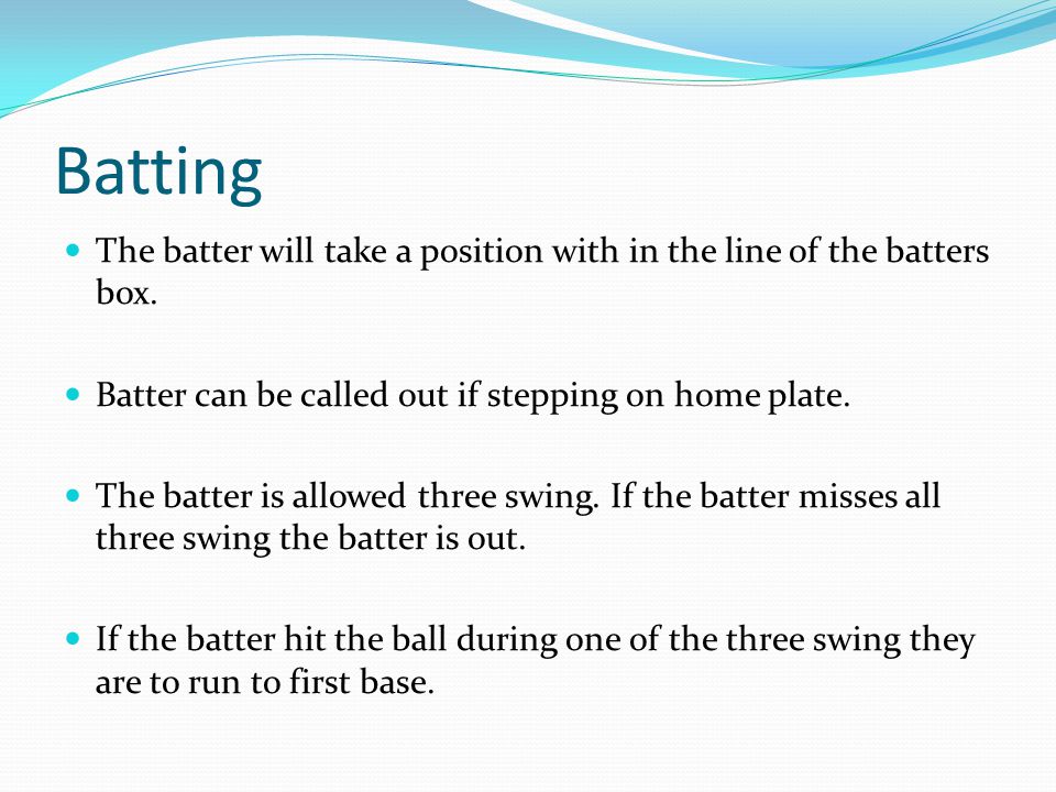 Batting The batter will take a position with in the line of the batters box.