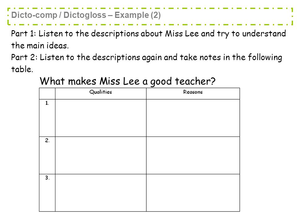 Part 1: Listen to the descriptions about Miss Lee and try to understand the main ideas.