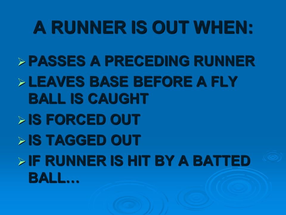 BASE RUNNING  NO BASE STEALING  NO LEADING OFF  RUNNER CANNOT LEAVE BASE UNTIL BALL IS HIT  CANNOT RUN MORE THEN 3 FEET OUT OF BASELINE