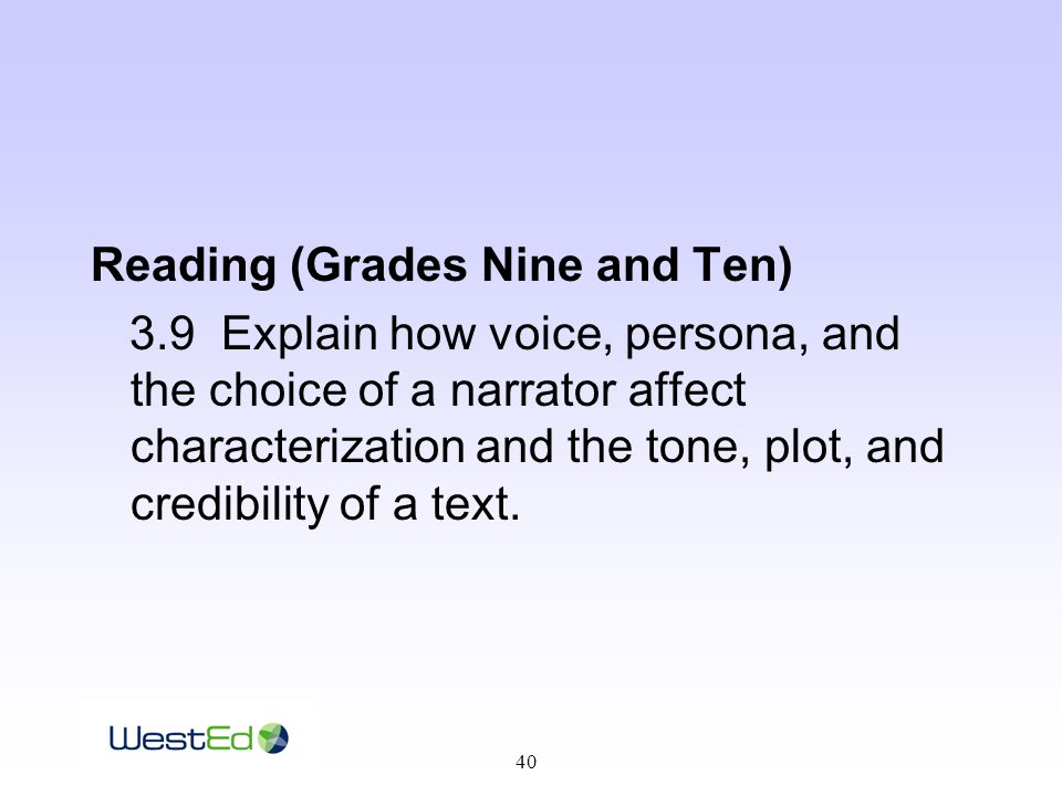 40 Reading (Grades Nine and Ten) 3.9 Explain how voice, persona, and the choice of a narrator affect characterization and the tone, plot, and credibility of a text.