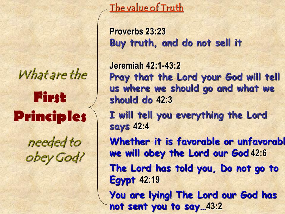 The value of Truth Proverbs 23:23 Buy truth, and do not sell it Jeremiah 42:1-43:2 Pray that the Lord your God will tell us where we should go and what we should do 42:3 I will tell you everything the Lord says 42:4 Whether it is favorable or unfavorable, we will obey the Lord our God 42:6 The Lord has told you, Do not go to Egypt 42:19 You are lying.