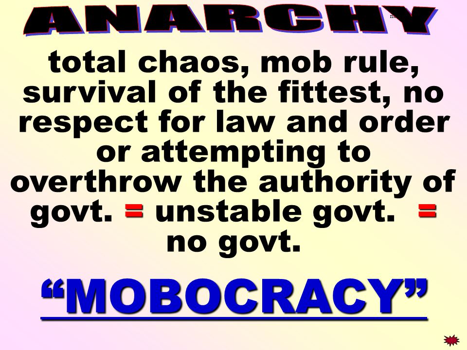 notes3 == total chaos, mob rule, survival of the fittest, no respect for law and order or attempting to overthrow the authority of govt.
