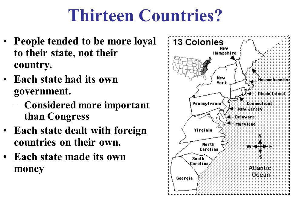 Thirteen Countries. People tended to be more loyal to their state, not their country.
