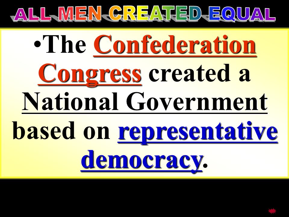 Confederation Congress National Government representative democracyThe Confederation Congress created a National Government based on representative democracy.