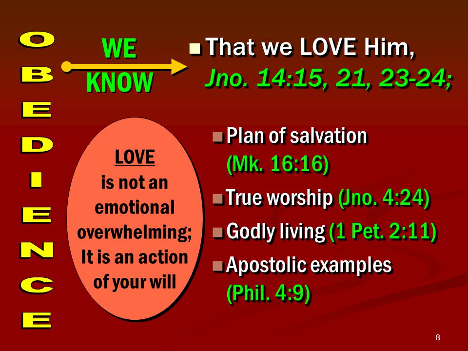 8 That we LOVE Him, Jno. 14:15, 21, 23-24; That we LOVE Him, Jno.