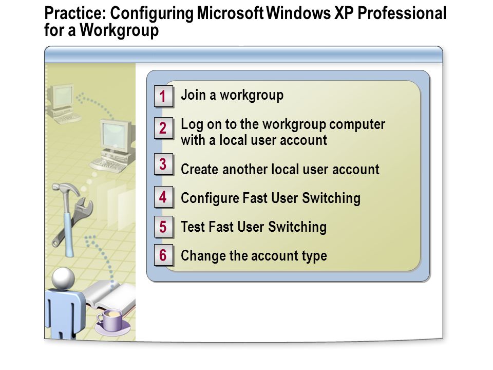 Practice: Configuring Microsoft Windows XP Professional for a Workgroup Join a workgroup Log on to the workgroup computer with a local user account Create another local user account Configure Fast User Switching Test Fast User Switching Change the account type Join a workgroup Log on to the workgroup computer with a local user account Create another local user account Configure Fast User Switching Test Fast User Switching Change the account type